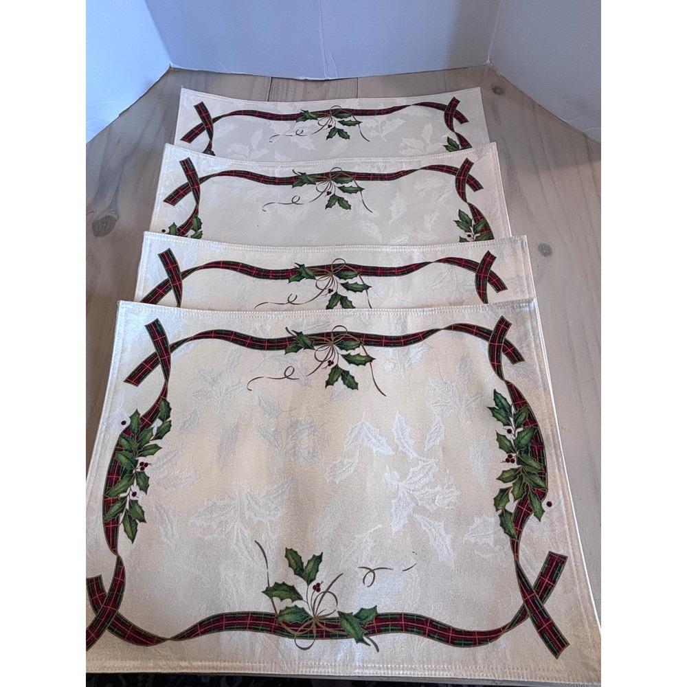 Lenox Nouveau Placemats Set of 4 Cream Christmas Holly Plaid Ribbon Holiday